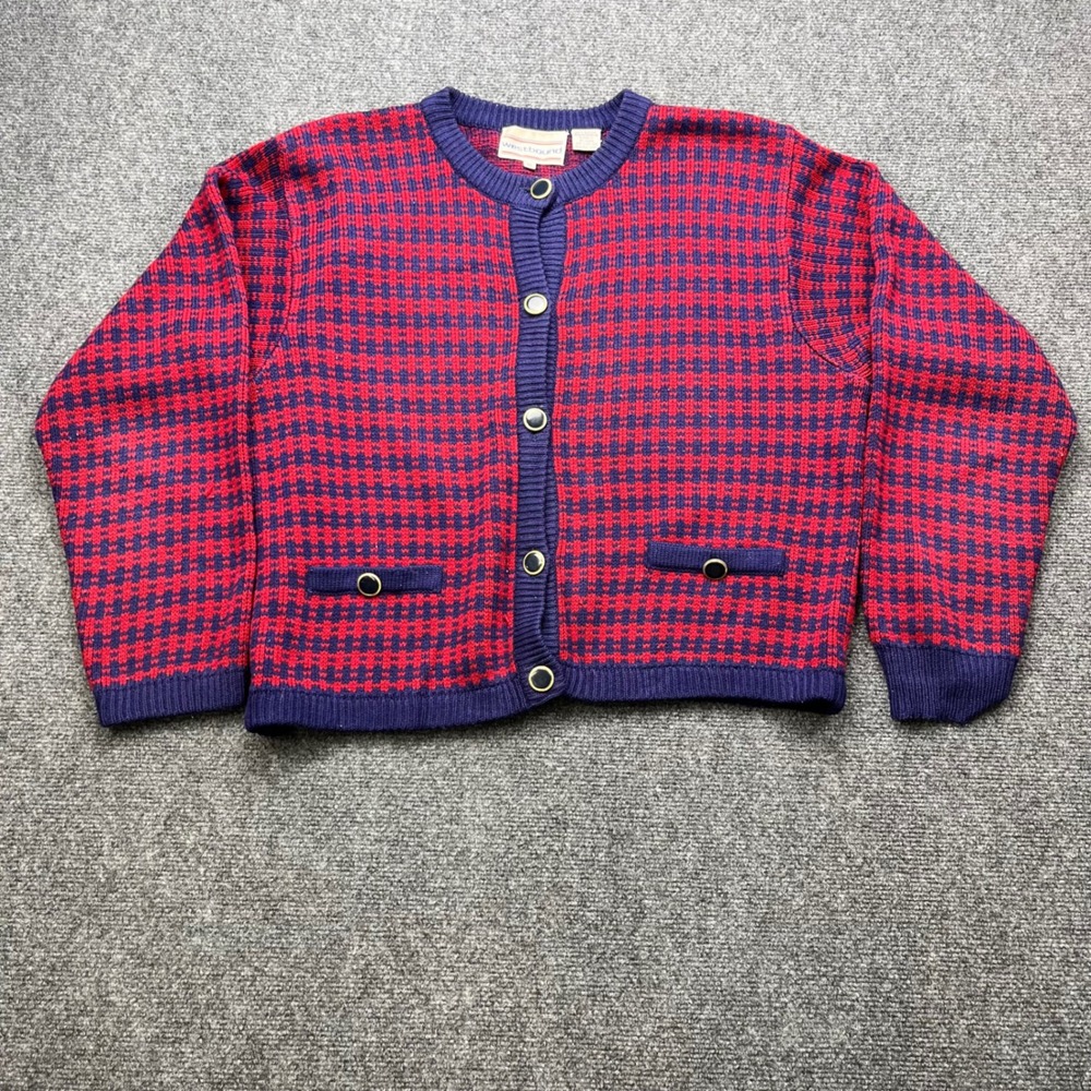 Westbound Vintage Academic Preppy Plaid Red Blue Knit Button‎ Front Cardigan